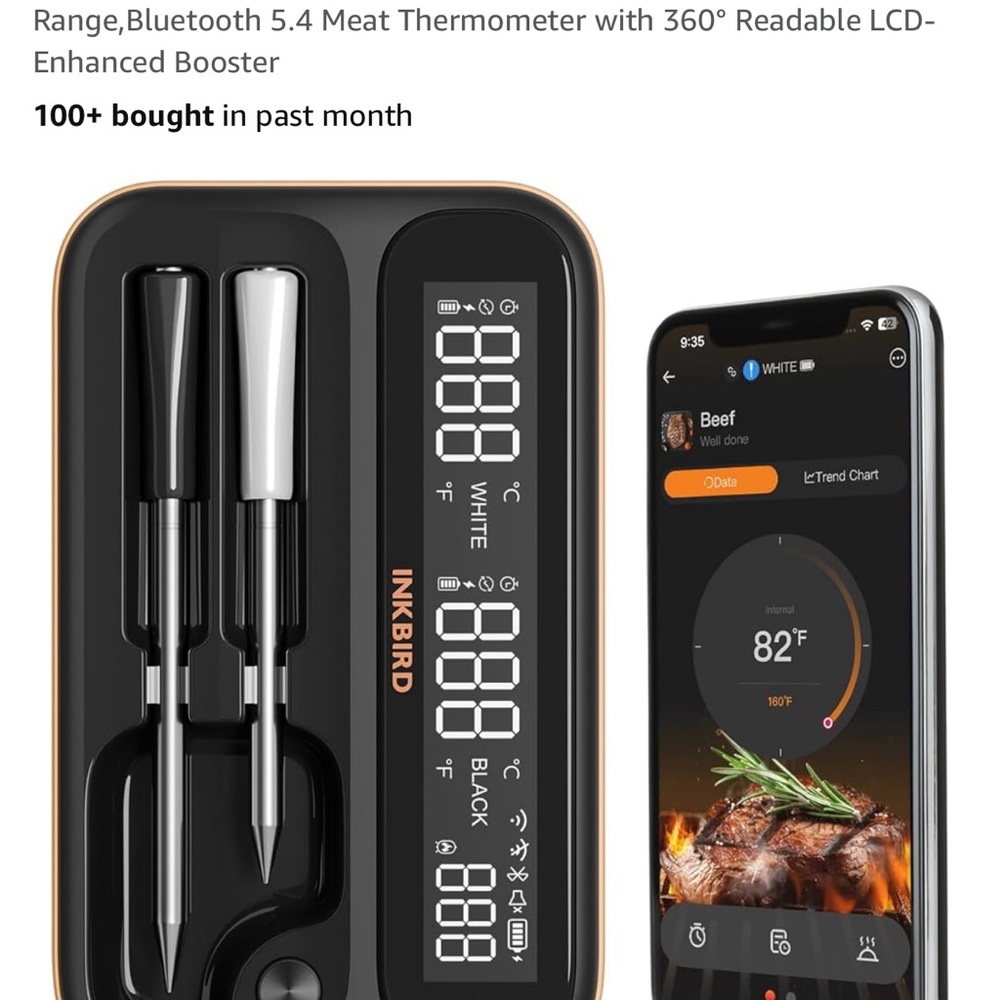 Black Bluetooth Meat Thermometer with LCD Display